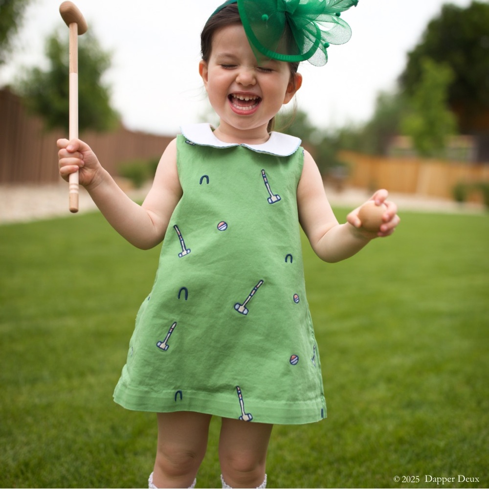Classic Prep | Maddie Dress in Meadow Green with Croquet Embroidery